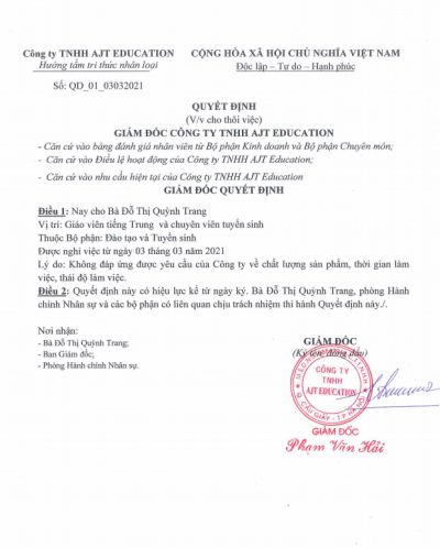 Quyết định V/v cho thôi việc nhân sự Đỗ Thị Quỳnh Trang